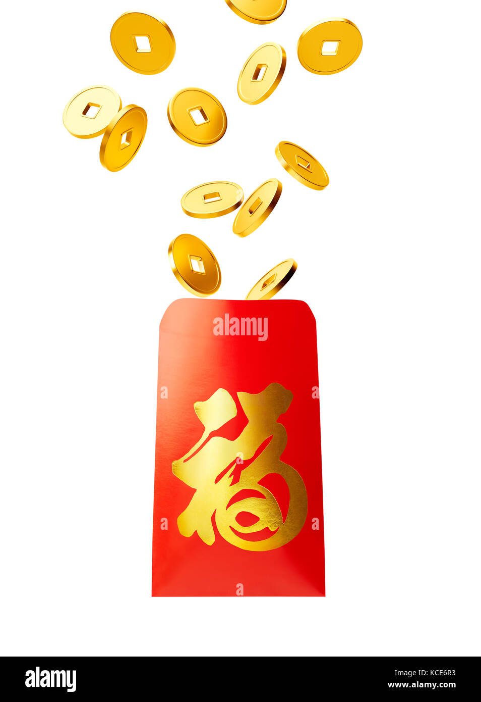 Red packet with gold coins isolated on white, Chinese calligraphy 'FU' (Foreign text means Prosperity) Stock Photo