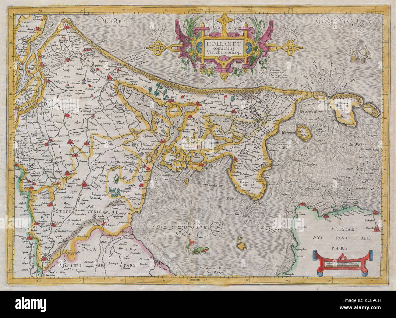 1606, Mercator Map of Holland, The Netherlands Stock Photo