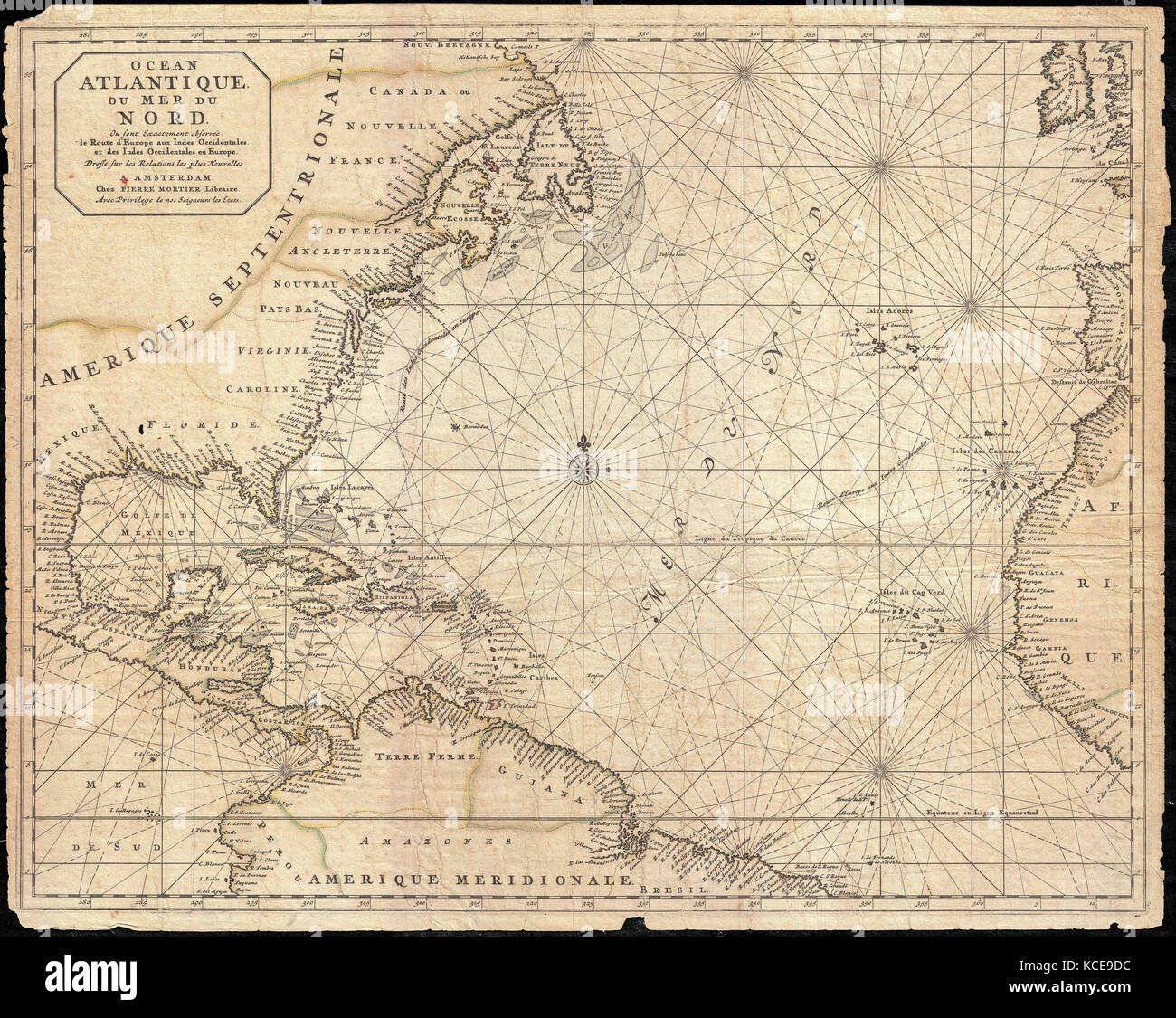 1683, Mortier Map of North America, the West Indies, and the Atlantic Ocean Stock Photo