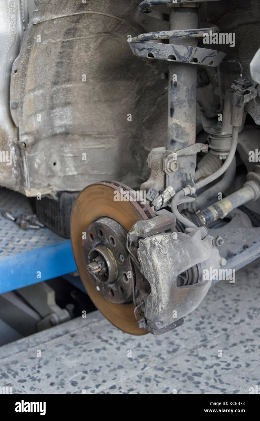 View of braking system and shock absorbers of a car Stock Photo