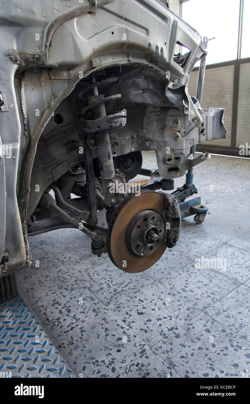 View of braking system of a crashed car Stock Photo