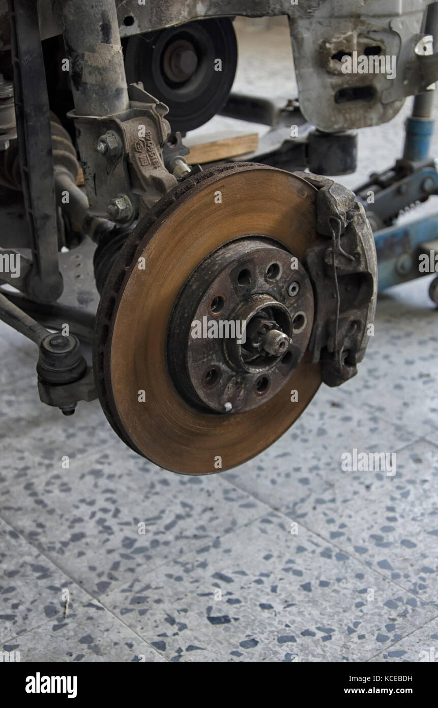 View of disc brake of a crashed car Stock Photo