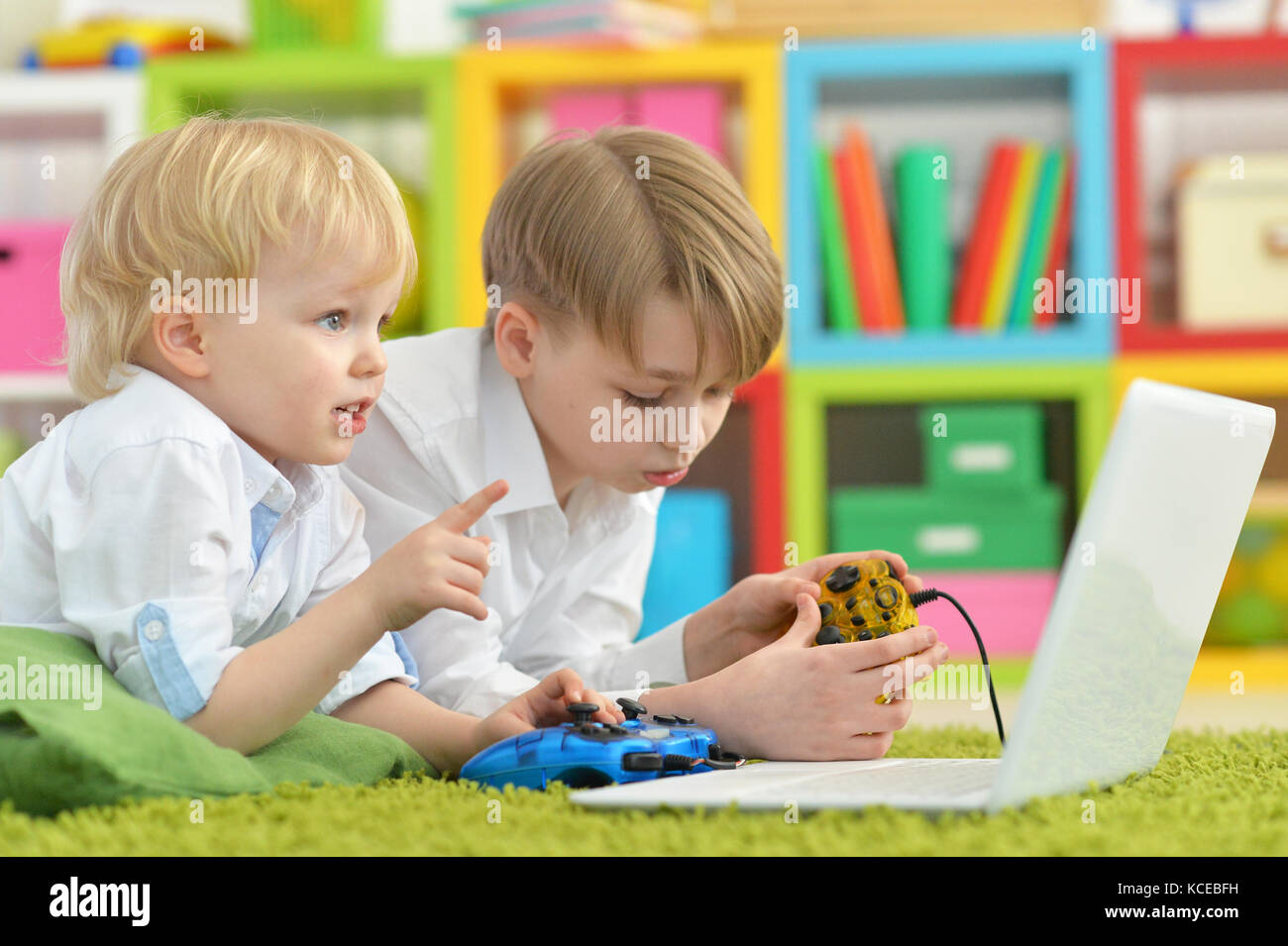 boys playing computer games Stock Photo