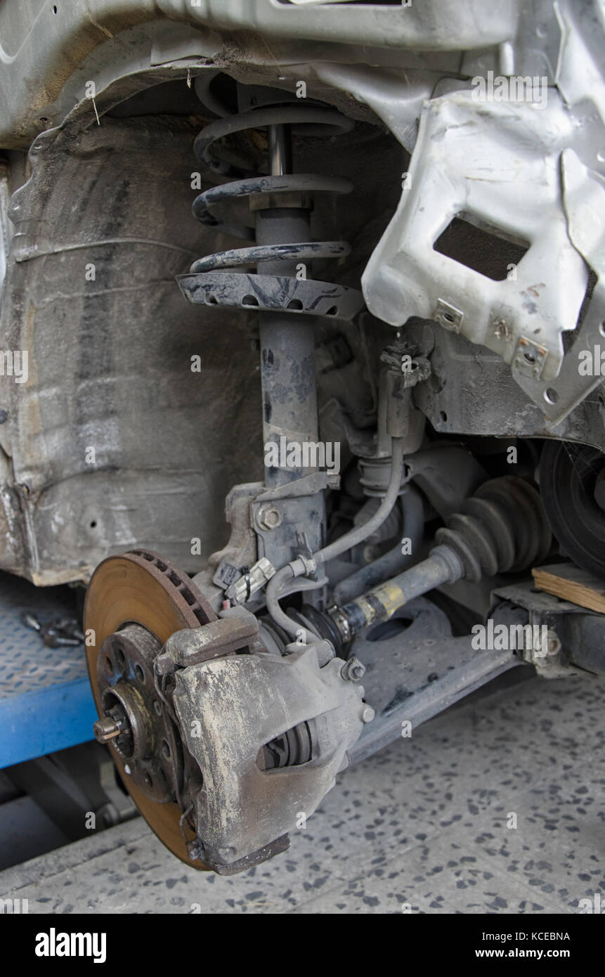 View of the braking system of a incidented car Stock Photo