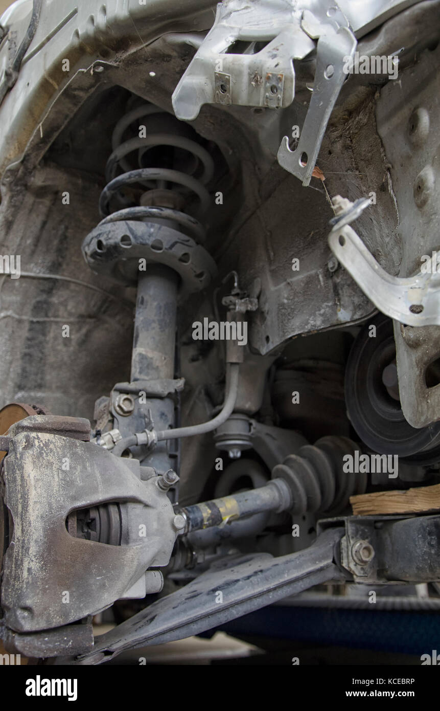 View of the shock absorbers of a crashed car Stock Photo