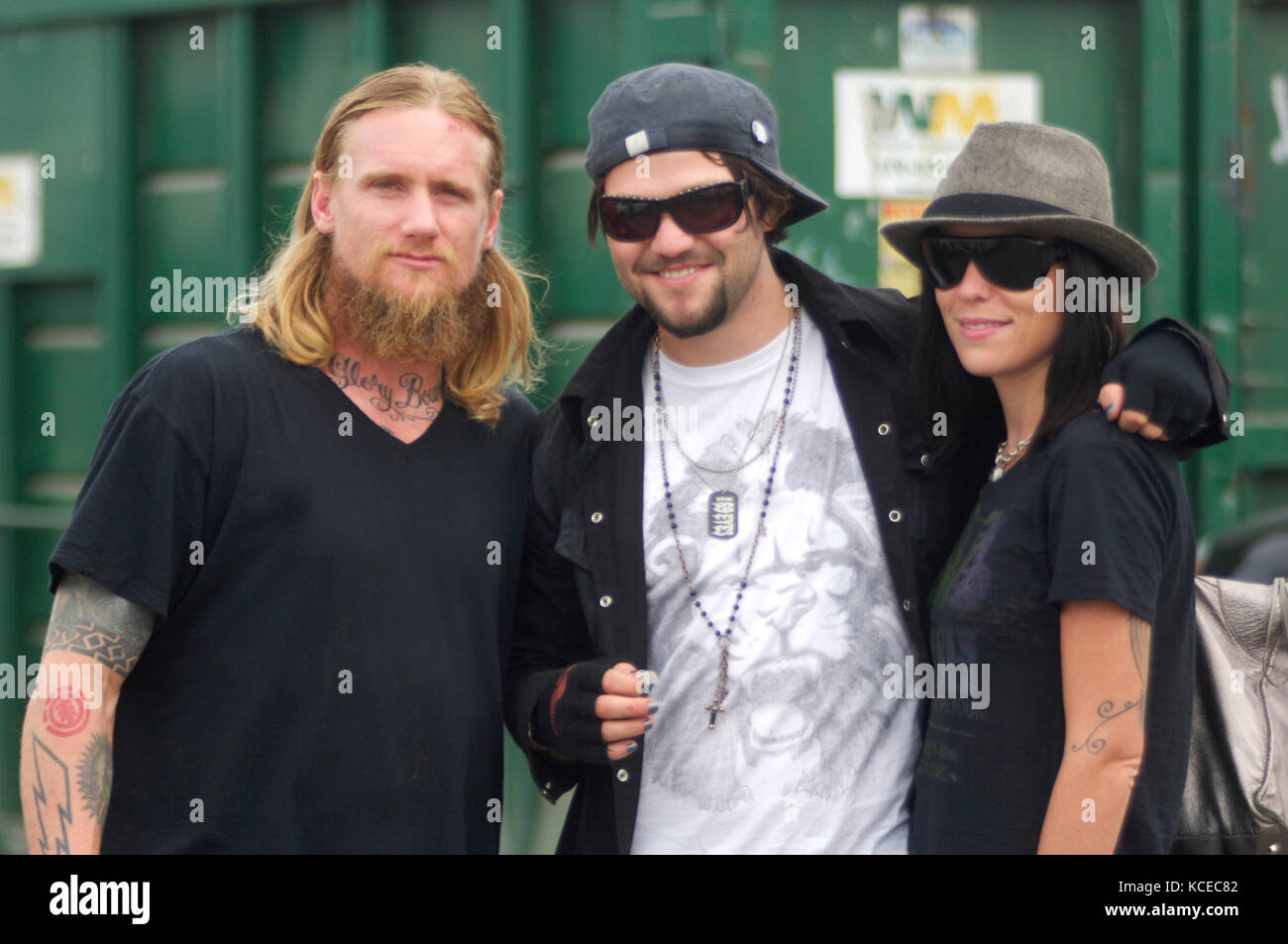 L-R) Mike Valley, Bam Margera & wife Melissa Rothstein portrait at ...