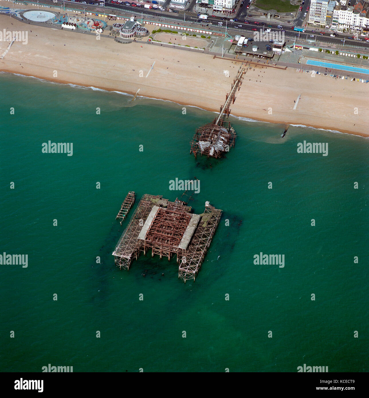 West Pier, Brighton, East Sussex. Aerial view of West Pier, taken after the storms and fire that badly damaged it in 1987 and 2003. Stock Photo