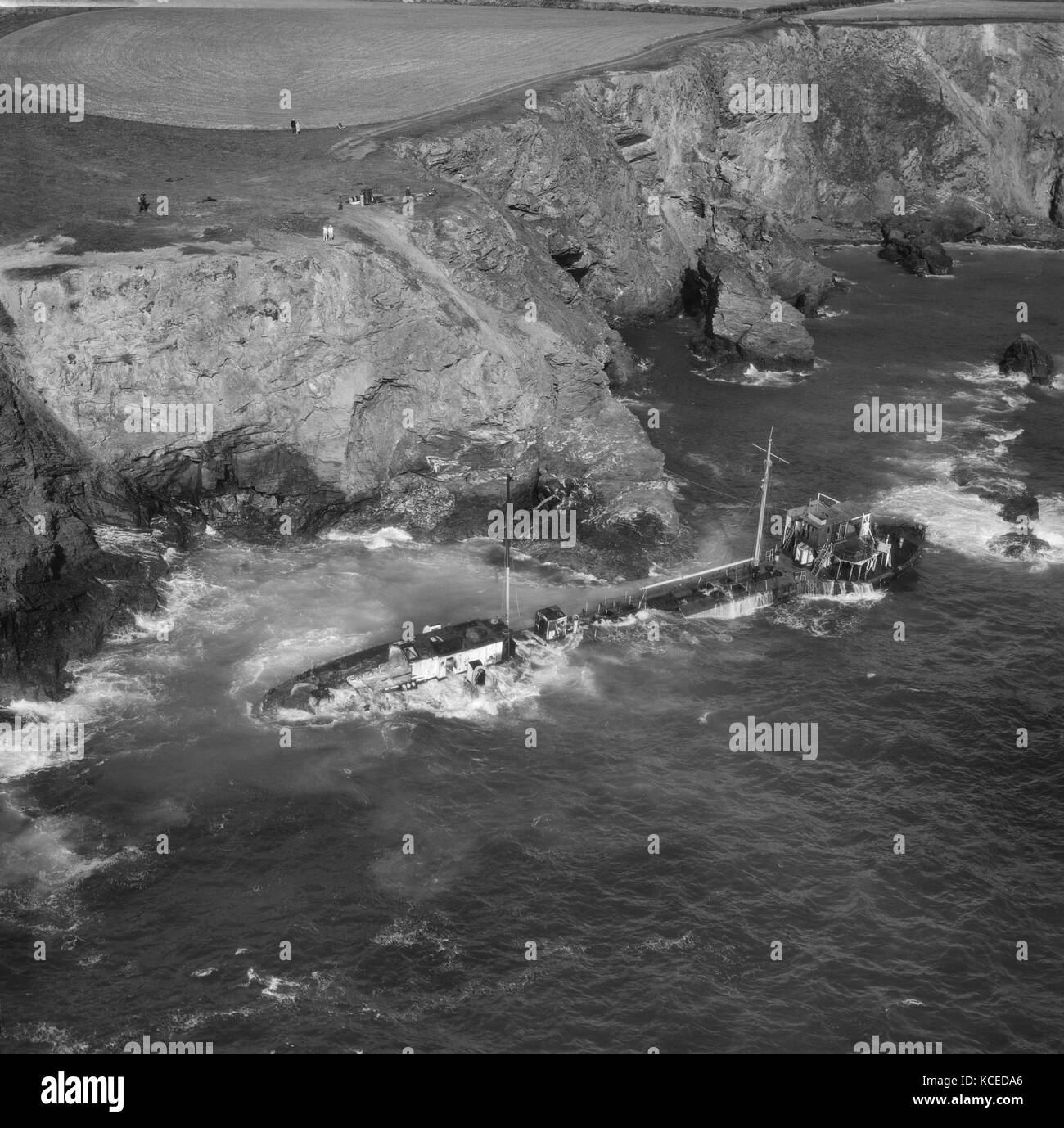 The wreck of the tanker 'Hemsley I' at Fox Cove, St Merryn, Cornwall. September 1969. The vessel went ashore here on 12th May 1969 en route from Liver Stock Photo