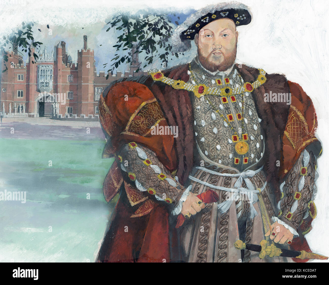 Illustration by Ivan Lapper depicting King Henry VIII of England, based on the portrait of Henry by Hans Holbein the Younger. In the background is the Stock Photo