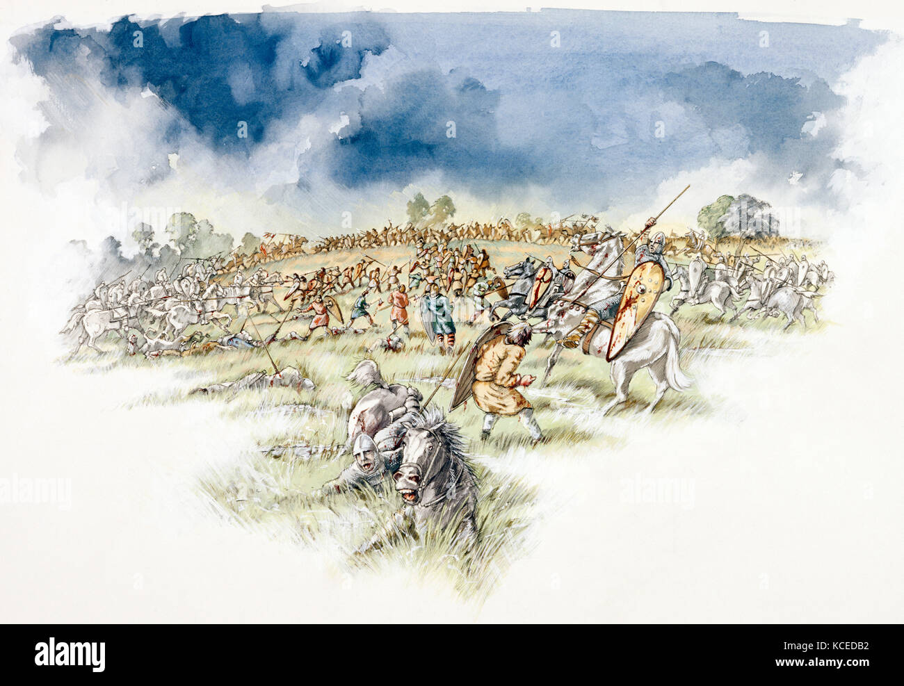 BATTLE ABBEY, East Sussex. Battle of Hastings reconstruction drawing by Peter Dunn. The Normans counter attack English Fyrdmen cut off on hillock. Stock Photo
