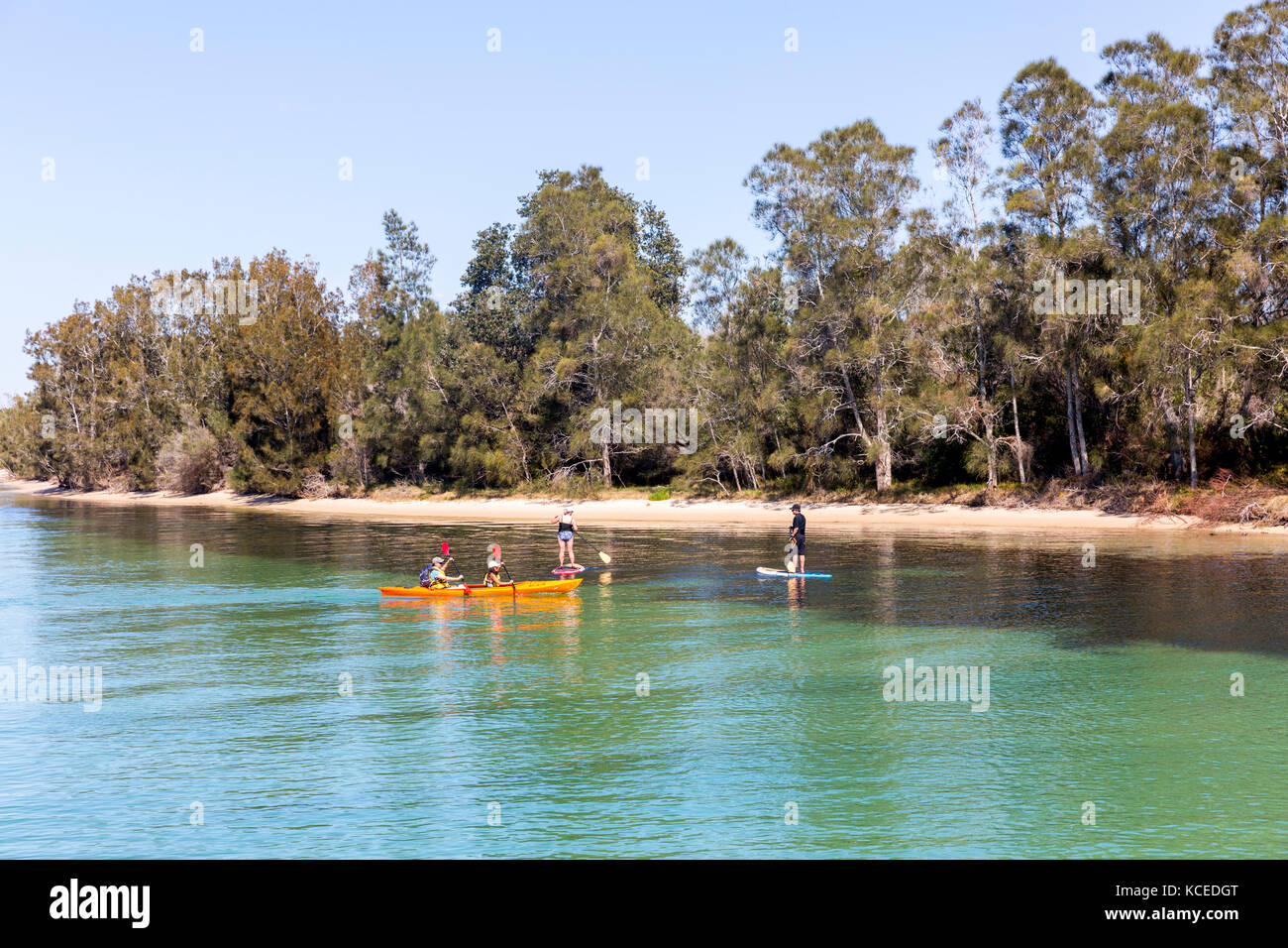 Paddleboarders and people in a kayak paddling on Wallis Lake at Forster on the mid north coast of New South Wales,Australia Stock Photo