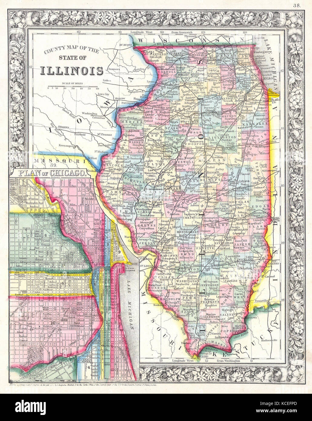 1861, Mitchell's Map of Illinois w- Chicago Inset Stock Photo