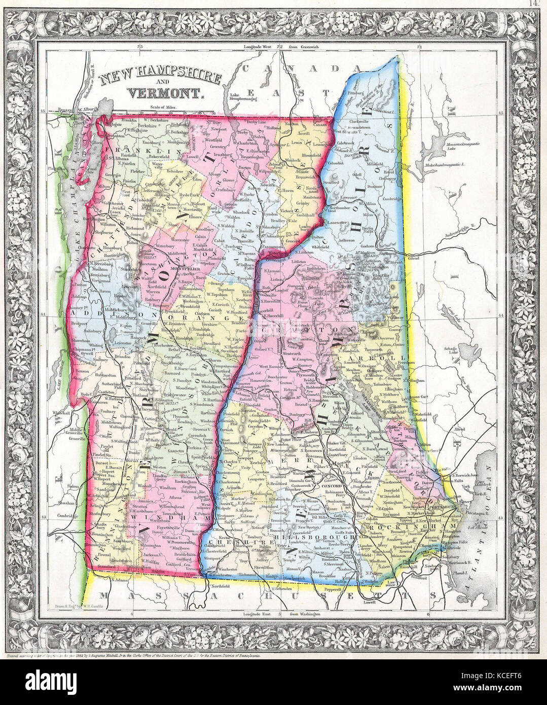 1862, Mitchell's Map of Vermont and New Hampshire Stock Photo - Alamy