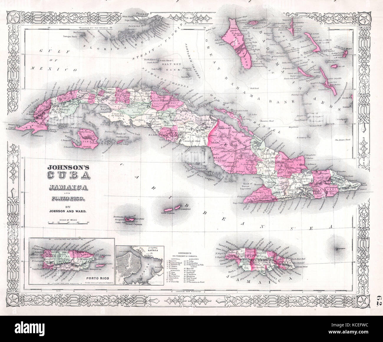 1864, Johnson's Map of Cuba, Jamaica, the Bahamas and Puerto Rico Stock Photo