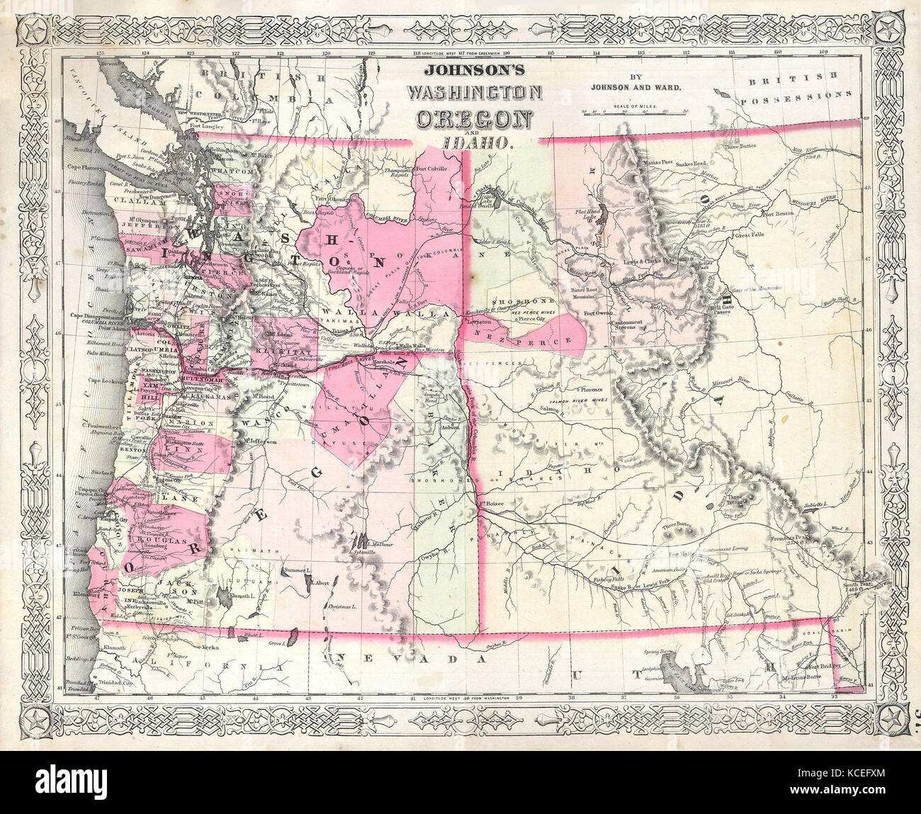 1864 Johnson Map Of Washington Oregon And Idaho Wyoming And