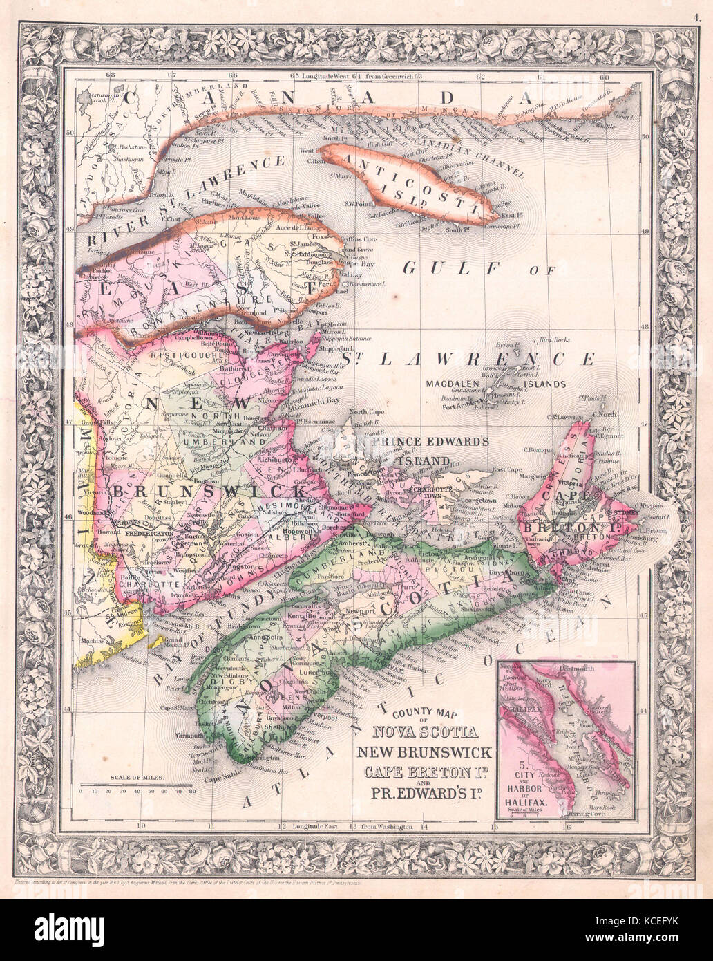 1864, Mitchell Map of Nova Scotia and New Brunswick, Canada Stock Photo