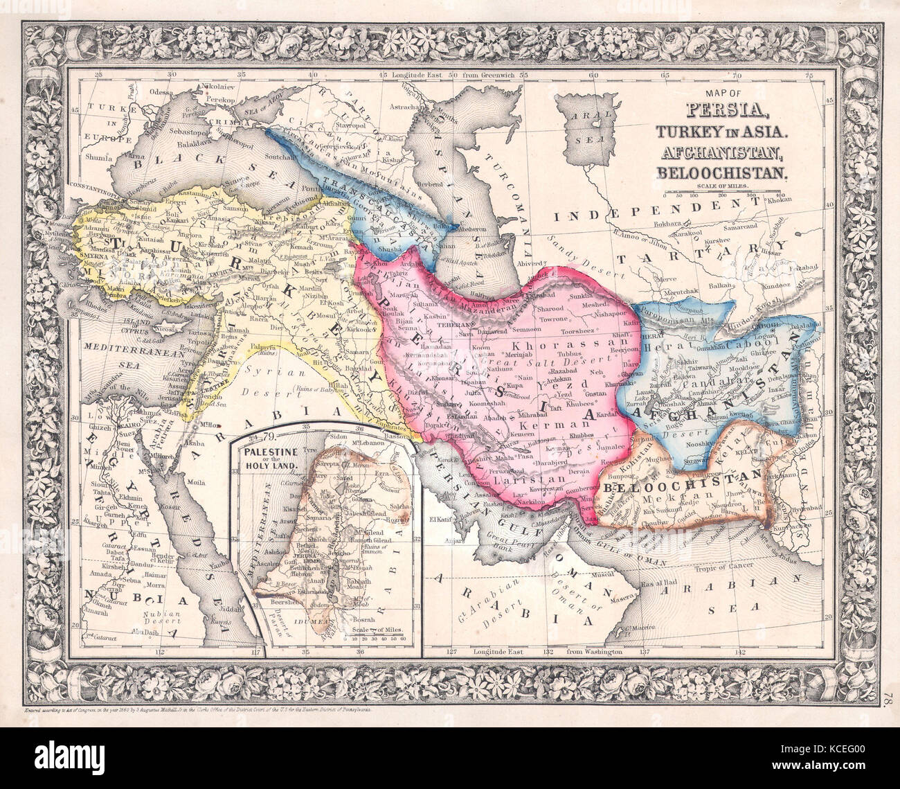 1864, Mitchell Map of Persia, Turkey and Afghanistan, Iran, Iraq Stock Photo