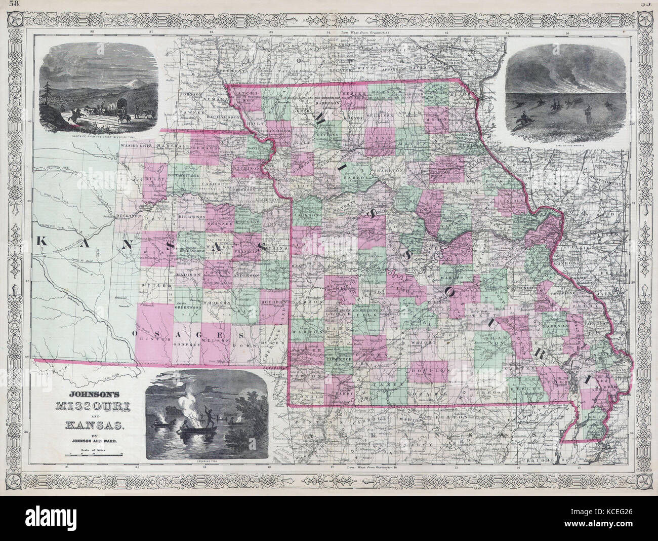 1866, Johnson's Map of Missouri and Kansas Stock Photo