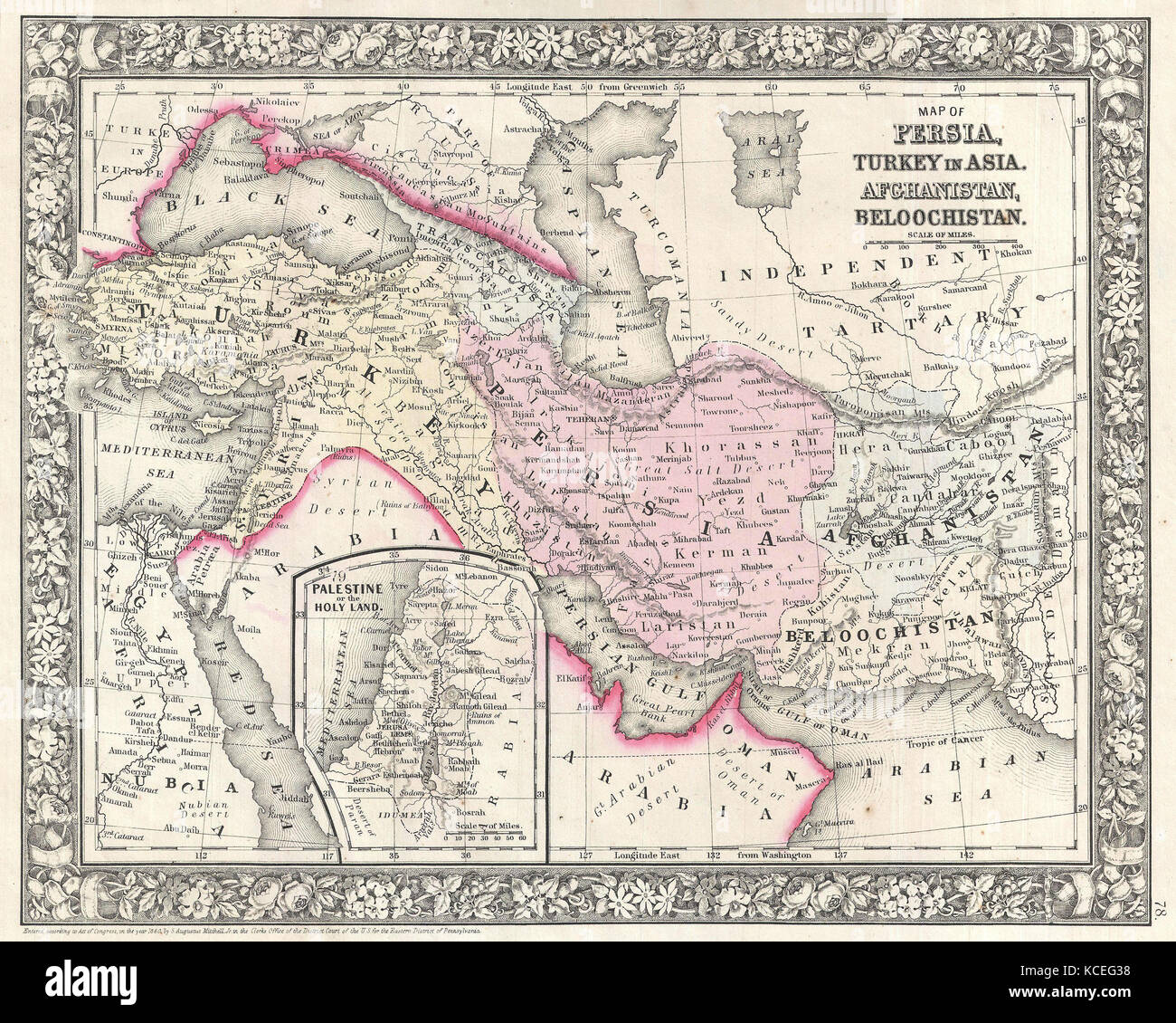 1866, Mitchell Map of Persia, Turkey and Afghanistan, Iran, Iraq Stock Photo