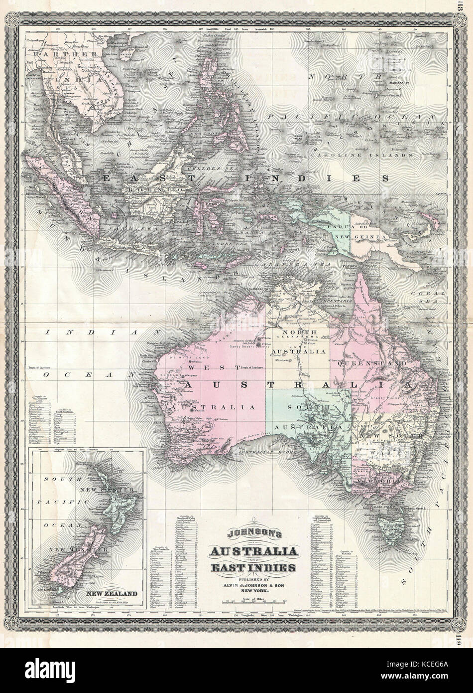 1870, Johnson Map of Australia, the East Indies, and Southeast Asia Stock Photo