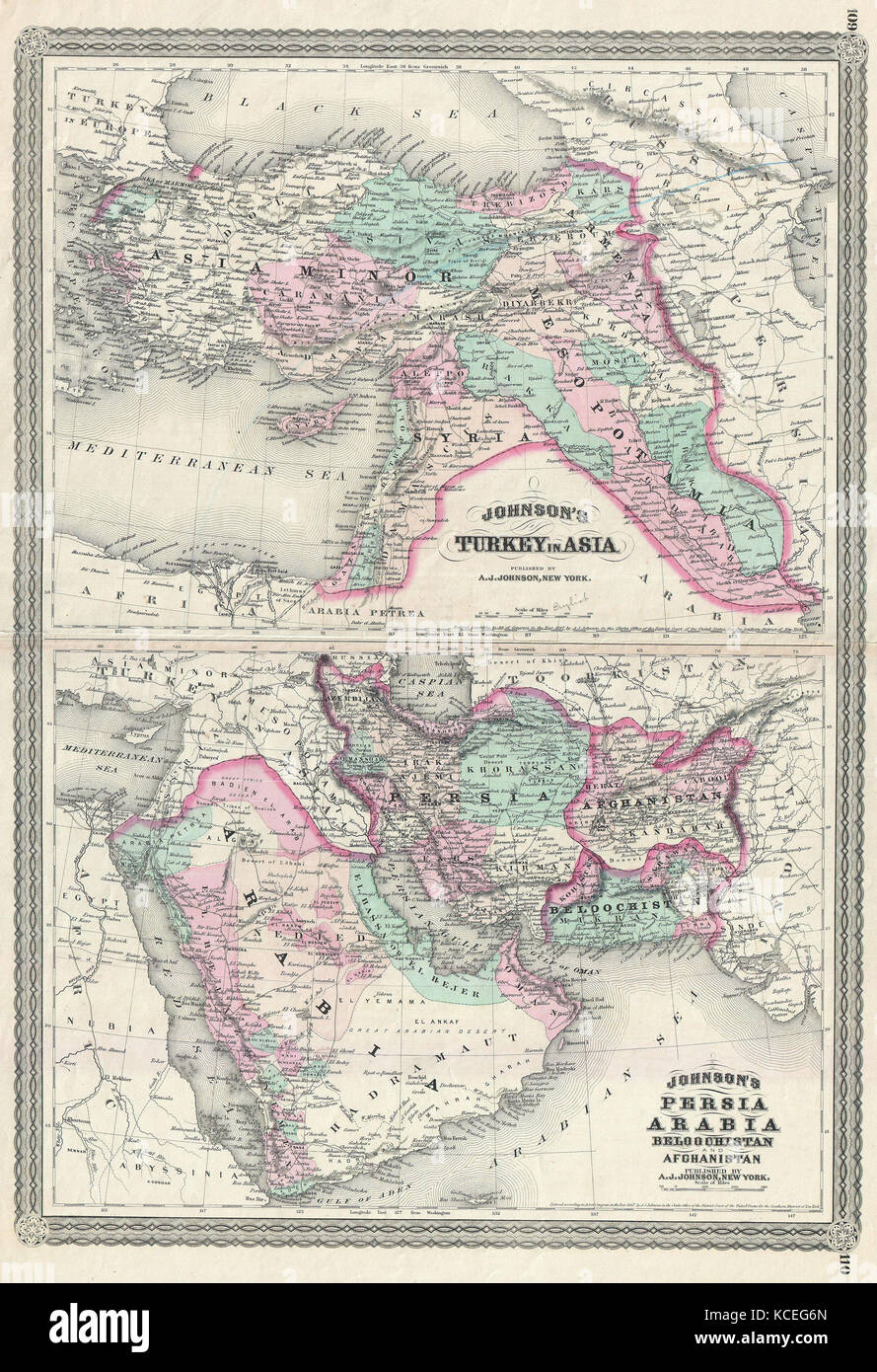 1870, Johnson Map of Turkey, Persia, Arabia, Iran, Iraq, Afghanistan Stock Photo