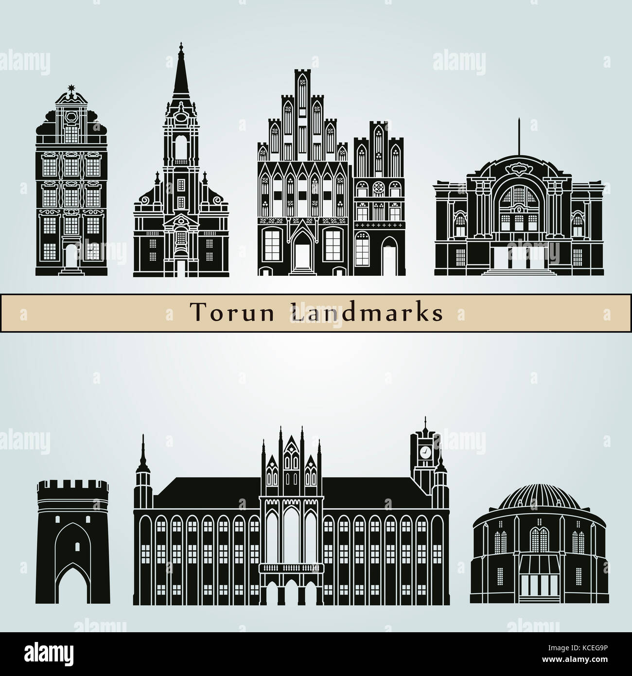 Torun landmarks and monuments isolated on blue background in editable vector file Stock Photo