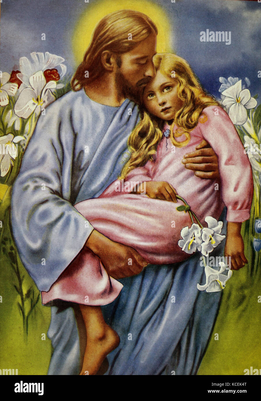Painting depicting Jesus Christ holding a young girl in his arms. Dated 20th Century Stock Photo