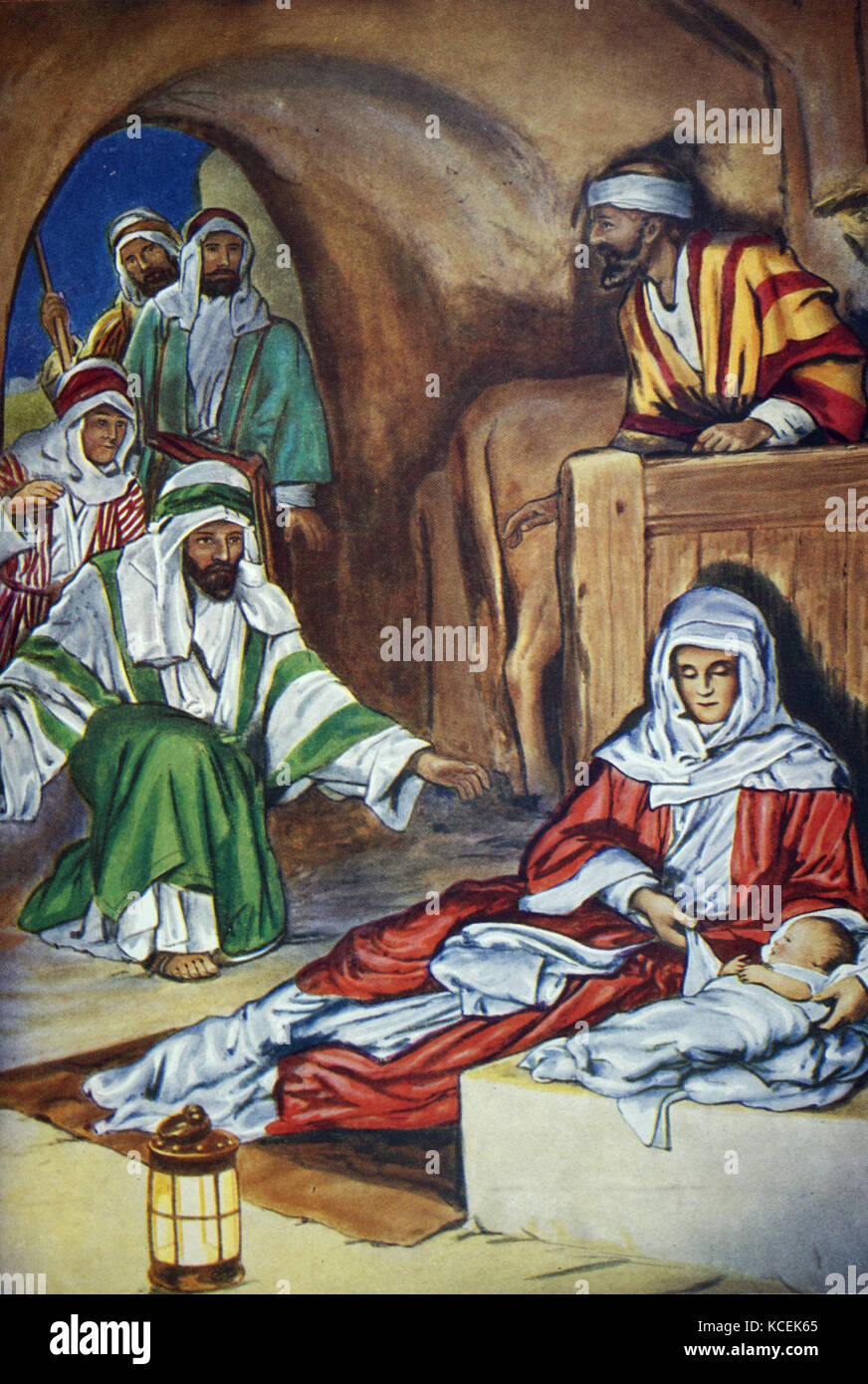 Painting depicting the three Shepherds welcoming Jesus Christ. Stock Photo