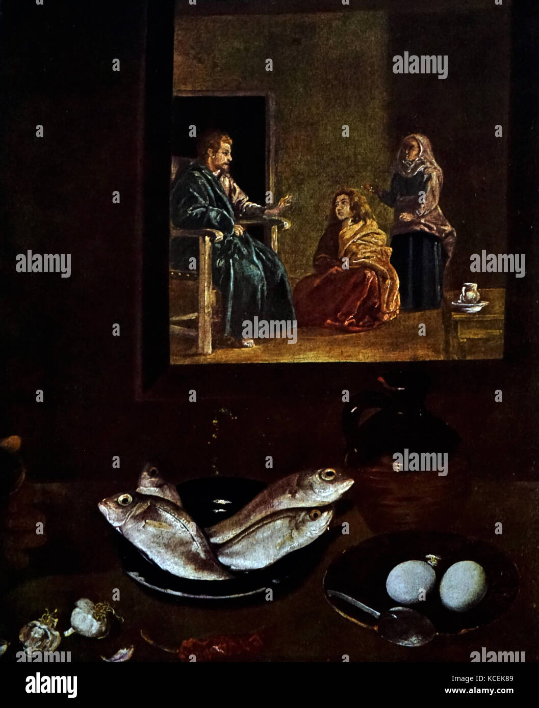 Painting titled 'Christ in the House of Martha and Mary' by Diego Velázquez (1599-1660) a Spanish painter and leading artist in the court of King Philip IV. Dated 17th Century Stock Photo