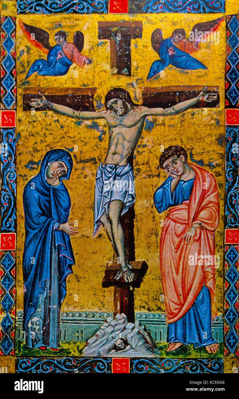 13th Century depiction of Jesus Christ on the cross. Dated 13th Century Stock Photo