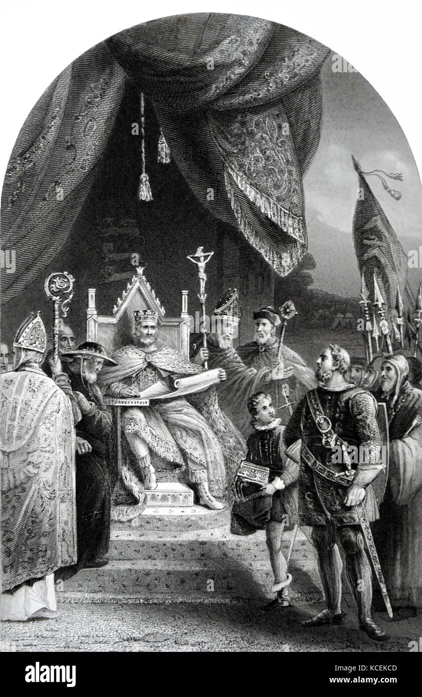 Painting depicting John, King of England (1166-1216) sealing the Magna Carta. Dated 13th Century Stock Photo