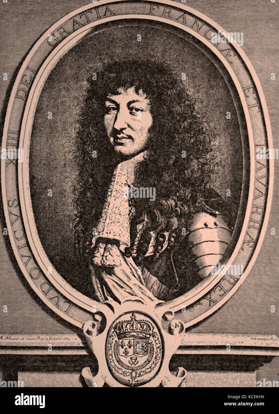 Engraved portrait of Louis XIV of France (1638-1715) King of France by Robert Nanteuil (1623-1678) a French portrait artist, engraver, draughtsman and pastelist. Dated 17th Century Stock Photo
