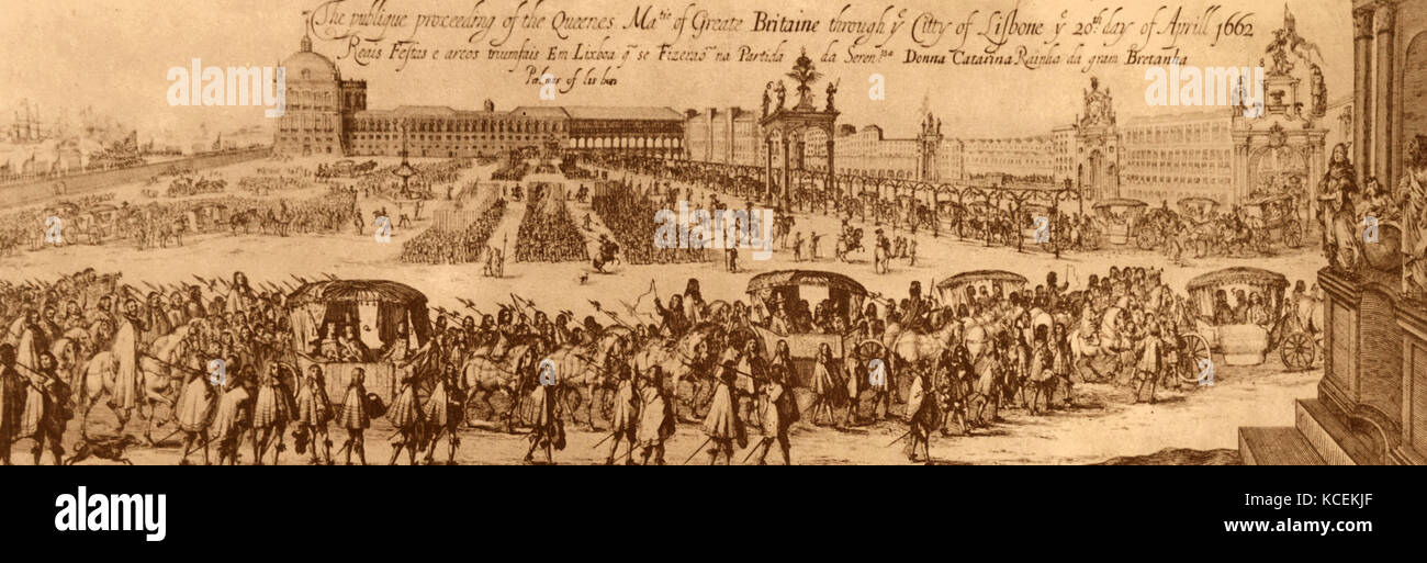 Engraving depicting the departure of Queen Catherine of Aragon (1485-1536) into Lisbon. Dated 16th Century Stock Photo