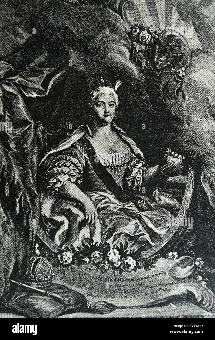 Engraved portrait depicting Empress Elizabeth of Russia (1709-1762) Empress of All of Russia. Dated 18th Century Stock Photo