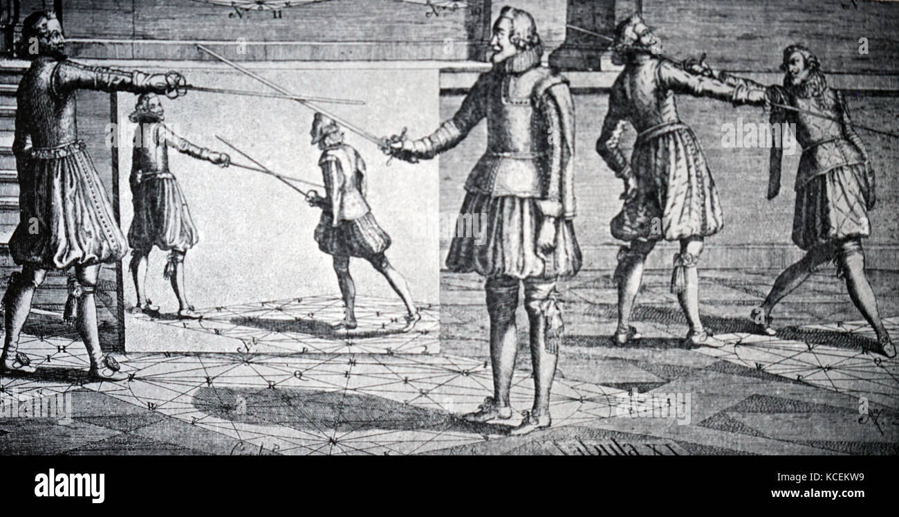 Engraving depicting a scene at the School of Geometrical Fencing. Dated 17th Century Stock Photo