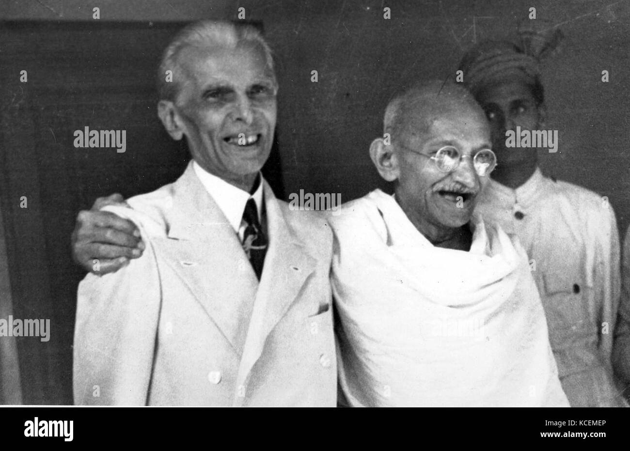 Muhammad Ali Jinnah (1876 –1948) lawyer, politician, and the founder of Pakistan. with Mahatma Gandhi in 1946.  Jinnah served as leader of the All-India Muslim League from 1913 until Pakistan's creation on 14 August 1947, and then as Pakistan's first Governor-General until his death. Mohandas Gandhi (1869 – 1948) was the preeminent leader of the Indian independence movement in British-ruled India. Stock Photo