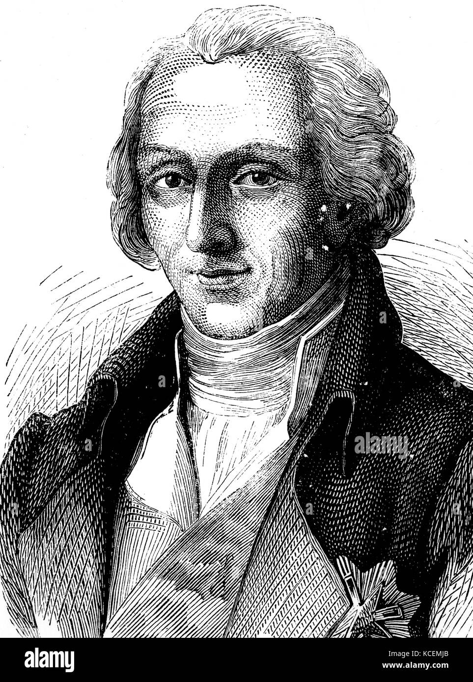 Sir Benjamin Thompson, Count Rumford, FRS (1753 – 1814) American-born British physicist and inventor whose challenges to established physical theory were part of the 19th century revolution in thermodynamics. He served as lieutenant-colonel of the King's American Dragoons, part of the British Loyalist forces, during the American Revolutionary War. Stock Photo