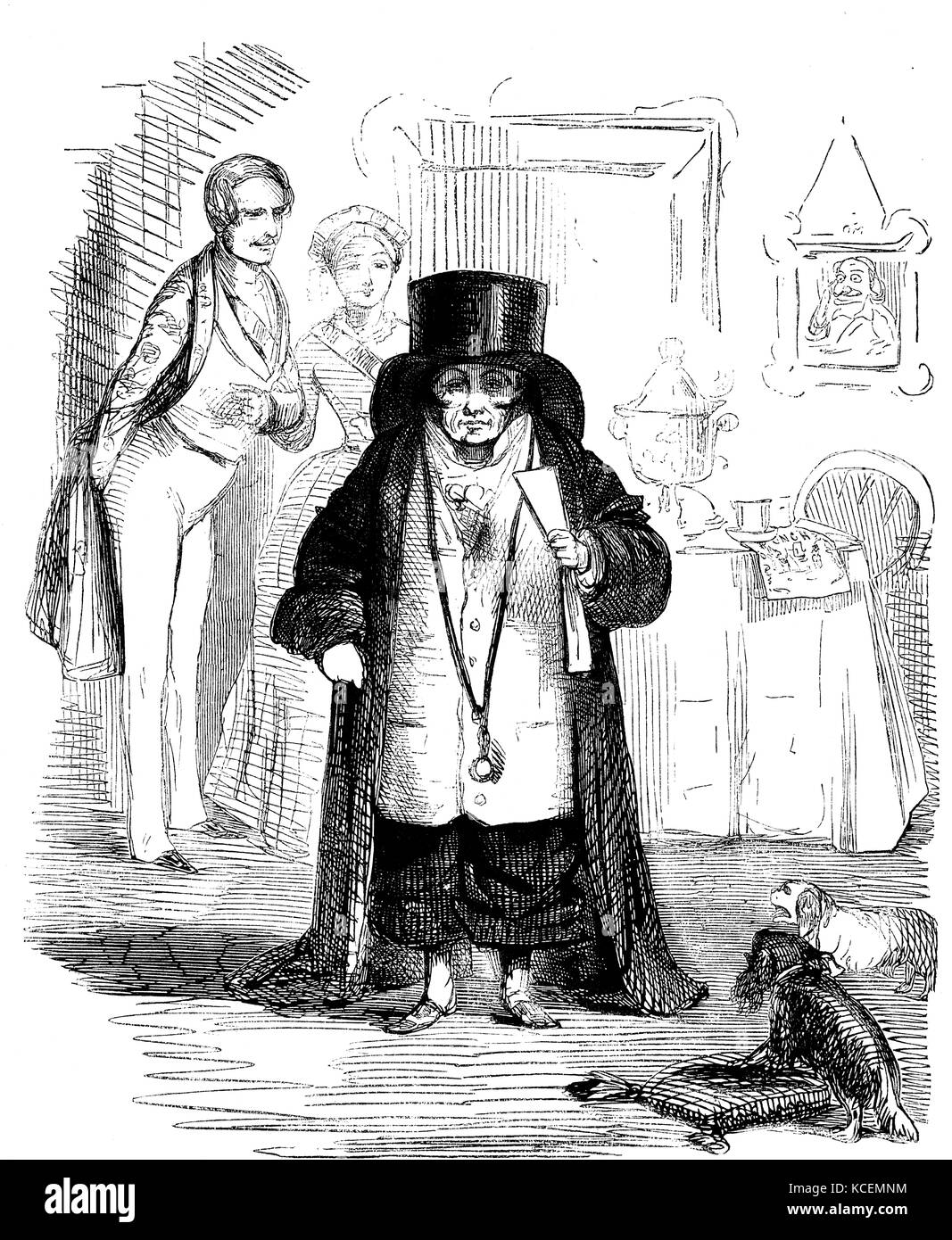 Lord John Russell, 1792-1878. On the defeat of Robert Peel in 1846, Russell became Prime Minister in his place. This cartoon shows him taking on Peel's mantle. He was of small stature, and this cartoon shows him physically inadequate to fill Peel's place and, by implication, politically inadequate. In the background Queen Victoria and Prince Albert look on. 1846 Stock Photo