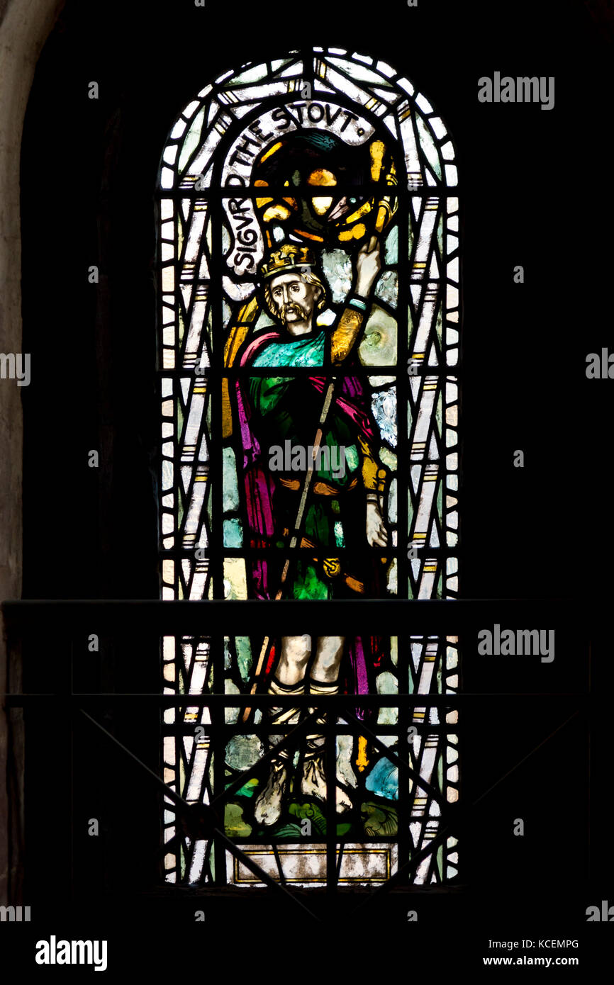 Stained glass window in St Magnus Cathedral, Orkney Stock Photo