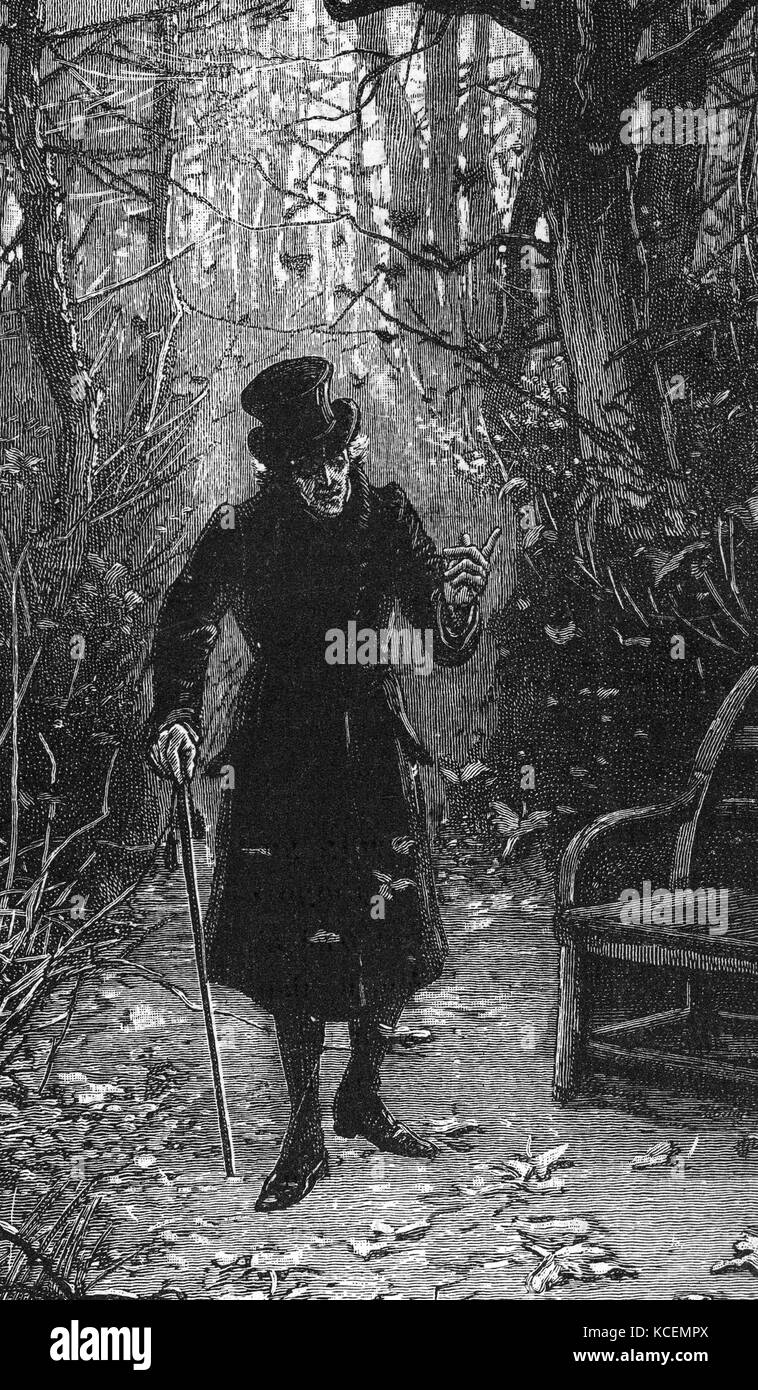 Victorian Illustration of an old man walking in a park at autumn while talking to himself 1892 Stock Photo