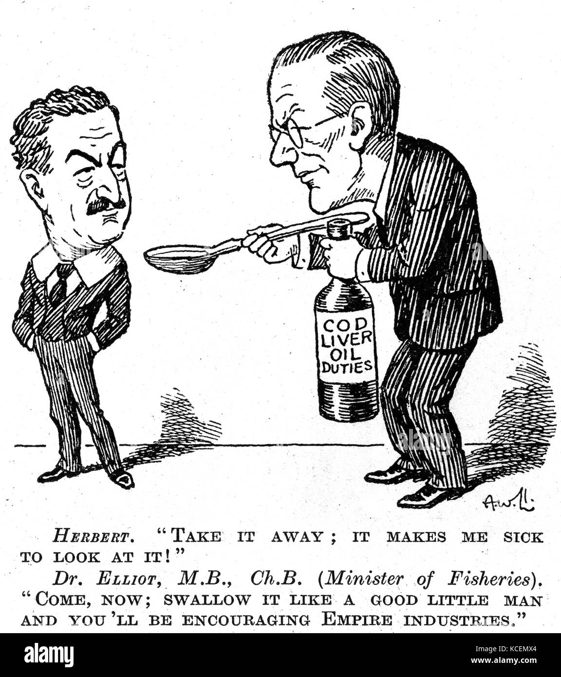 Herbert Samuel 1870-1963, Home Secretary refusing to take medicine (Punch 1932). Herbert Louis Samuel, 1st Viscount Samuel, was a British Liberal politician who was the party leader from 1931-35. He was the first nominally practising Jew, although noted for his personal atheism, to serve as a Cabinet minister Stock Photo