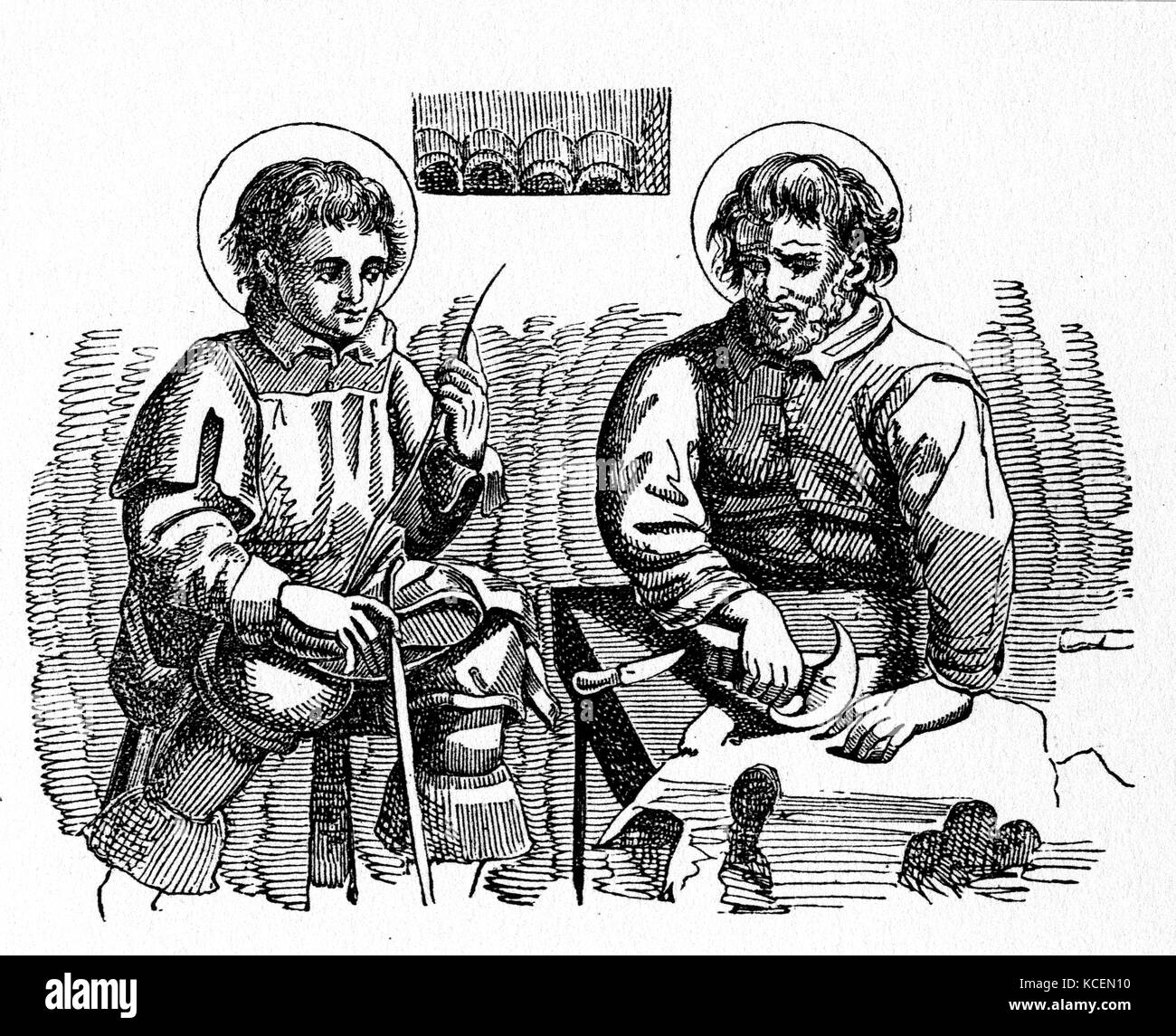 Saint CRISPIN AND CRISPINIAN, Christian martyr brothers: Martyred under Diocletian in 287 by being thrown into molten lead. Feast day 25 October: Patron Saint of SHOEMAKERS. Woodcut published London 1826 Stock Photo