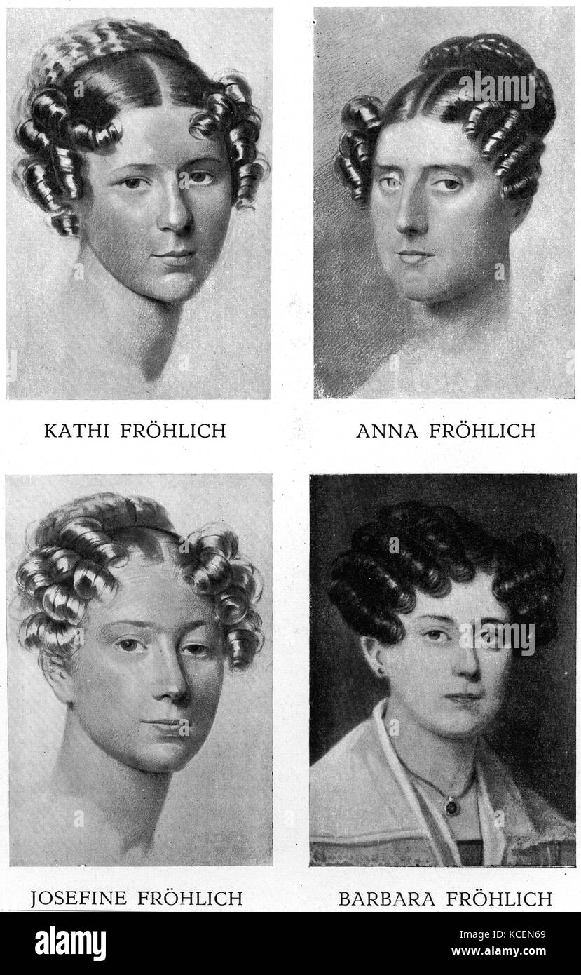 The Frohlich sisters (friends of Franz Schubert). Josephine Fröhlich Anna Frölich (1793-1880), Barbara Fröhlich (1797-1879), and pianist Katharina Fröhlich (1800-1879). Their household was a prominent place for musical activity within Vienna. Franz Schubert was a good friend of the family, and a frequent guest at music gatherings at their home, where he often performed his own compositions or improvised on the piano Stock Photo