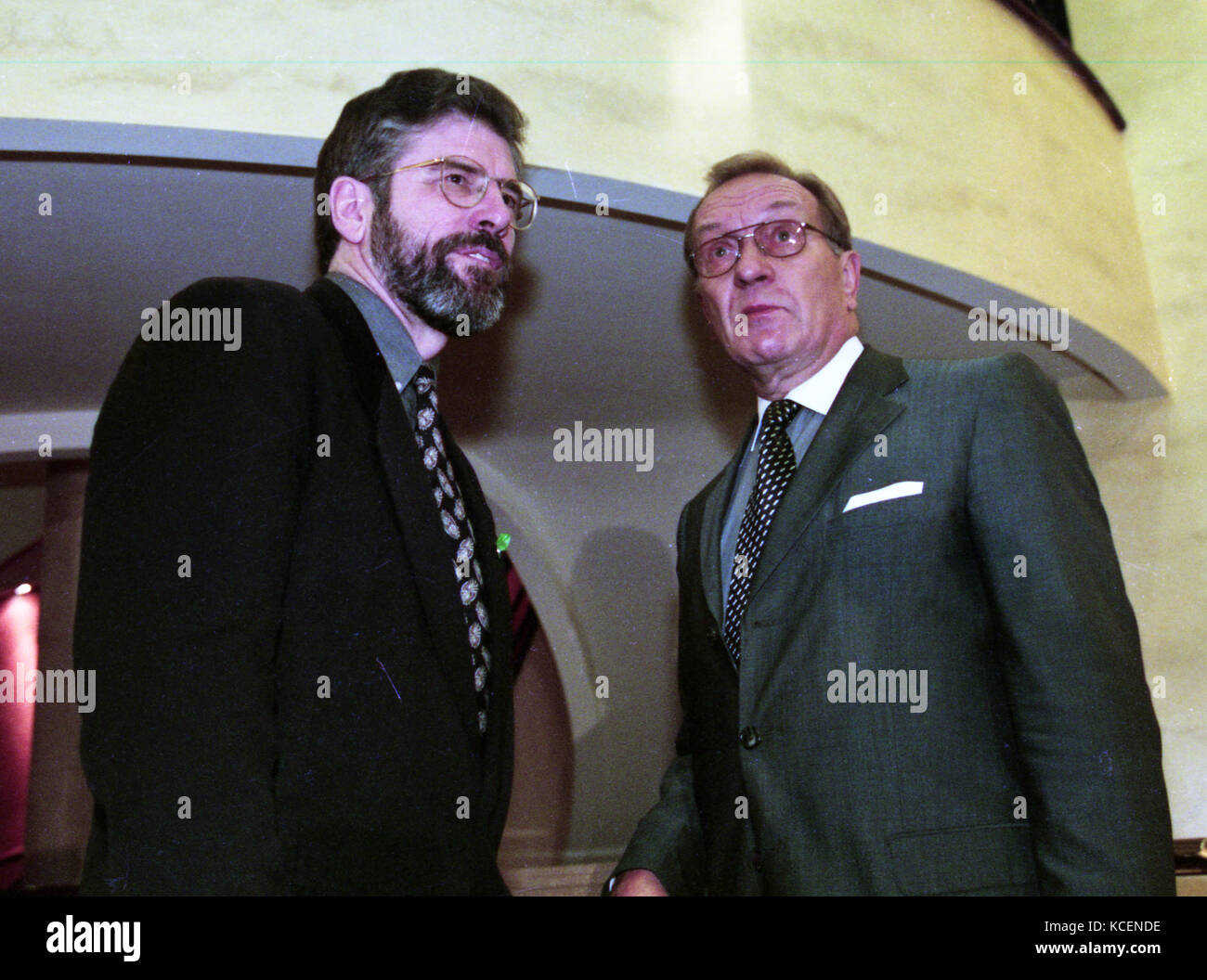 Harri Hermanni Holkeri KBE was a Finnish statesman chats with Sinn Fein's Gerry Adams before a meeting in Belfast during the Good Friday Agreement Talks. Harri Hermanni Holkeri KBE was a Finnish statesman representing the National Coalition Party of Finland (Kokoomus / Samlingspartiet). He was the Prime Minister of Finland 1987–1991, speaker of the UN General Assembly 2000–2001 and headed the United Nations Interim Administration Mission in Kosovo from 2003- 2004. He chaired the United Nations General Assembly, 2000–2001. He also played a constructive role in securing the Good Friday Agreement Stock Photo