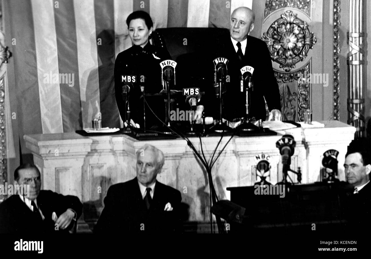 Photograph of Soong Mei-ling (1897-2003) a Chinese political figure and the First Lady of the Republic of China, during her first trip to America. Also pictured is Sam Rayburn (1882-1961) an American politician and Speaker of the United States House of Representatives. Dated 20th Century Stock Photo