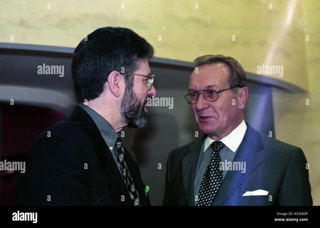 Harri Hermanni Holkeri KBE was a Finnish statesman chats with Sinn Fein's Gerry Adams before a meeting in Belfast during the Good Friday Agreement Talks. Harri Hermanni Holkeri KBE was a Finnish statesman representing the National Coalition Party of Finland (Kokoomus / Samlingspartiet). He was the Prime Minister of Finland 1987–1991, speaker of the UN General Assembly 2000–2001 and headed the United Nations Interim Administration Mission in Kosovo from 2003- 2004. He chaired the United Nations General Assembly, 2000–2001. He also played a constructive role in securing the Good Friday Agreement Stock Photo