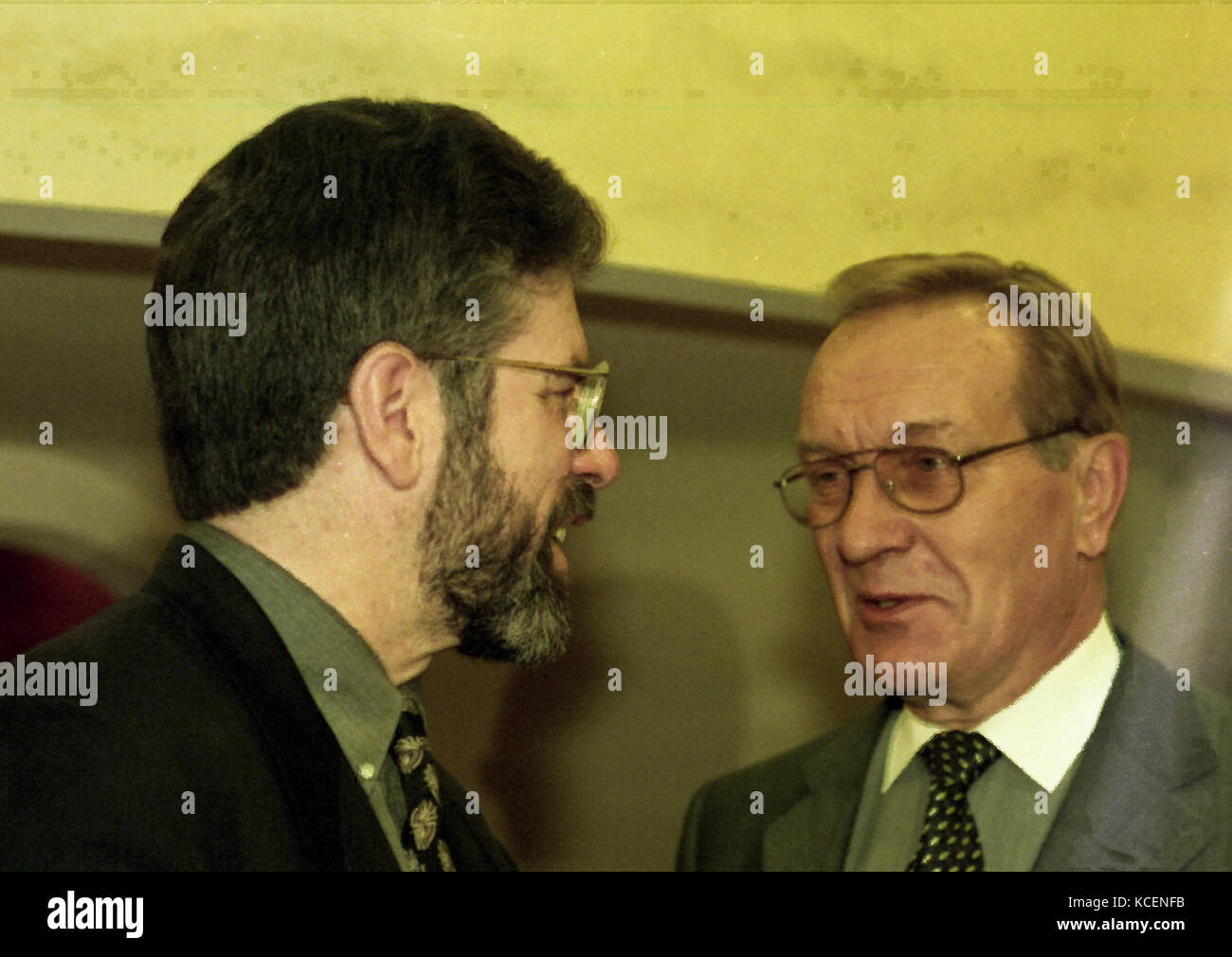 Harri Hermanni Holkeri KBE was a Finnish statesman chats with Sinn Fein's Gerry Adams before a meeting in Belfast during the Good Friday Agreement Talks. Harri Hermanni Holkeri KBE was a Finnish statesman representing the National Coalition Party of Finland (Kokoomus / Samlingspartiet). He was the Prime Minister of Finland 1987–1991, speaker of the UN General Assembly 2000–2001 and headed the United Nations Interim Administration Mission in Kosovo from 2003- 2004. He chaired the United Nations General Assembly, 2000–2001. He also played a constructive role in securing the Good Friday Agreement Stock Photo