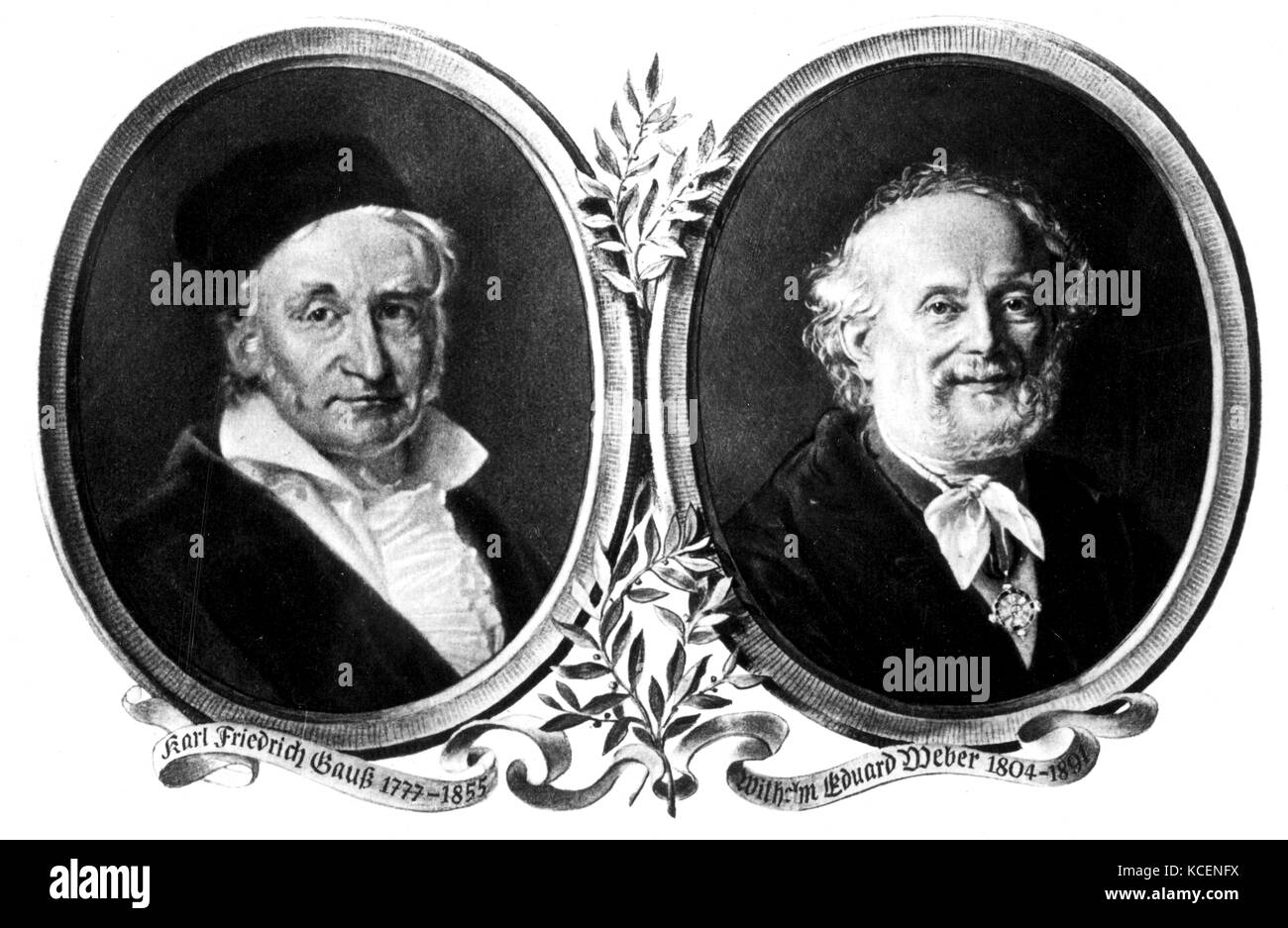 Portraits of Carl Friedrich Gauss (1777-1855) a German mathematician and Wilhelm Eduard Weber (1804-1891) a German physicist and inventor. Dated 19th Century Stock Photo