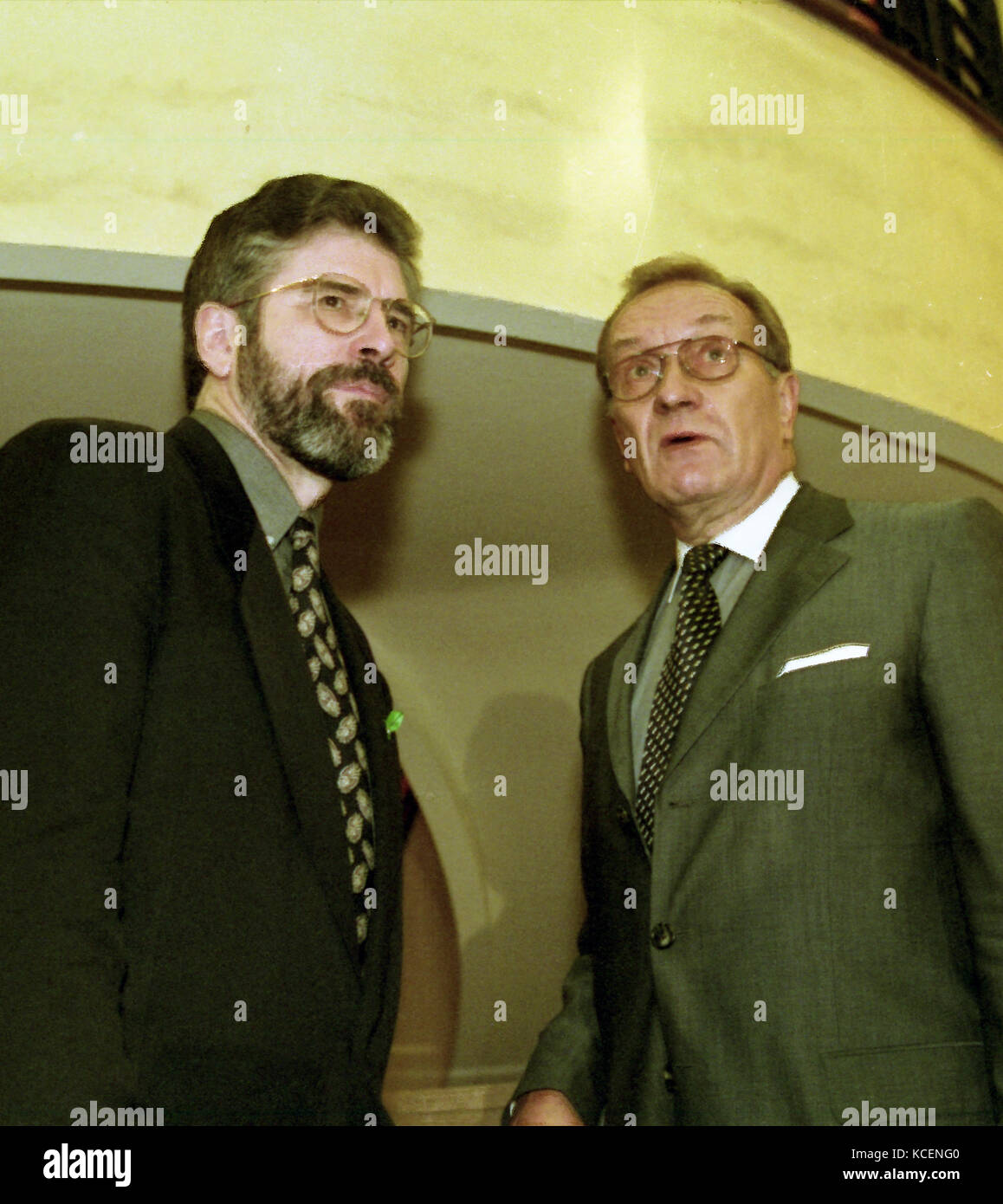 Harri Hermanni Holkeri KBE was a Finnish statesman chats with Sinn Fein's Gerry Adams before a meeting in Belfast during the Good Friday Agreement Talks. Harri Hermanni Holkeri KBE was a Finnish statesman representing the National Coalition Party of Finland (Kokoomus / Samlingspartiet). He was the Prime Minister of Finland 1987–1991, speaker of the UN General Assembly 2000–2001 and headed the United Nations Interim Administration Mission in Kosovo from 2003- 2004. He chaired the United Nations General Assembly, 2000–2001. He also played a constructive role in securing the Good Friday Agreement Stock Photo