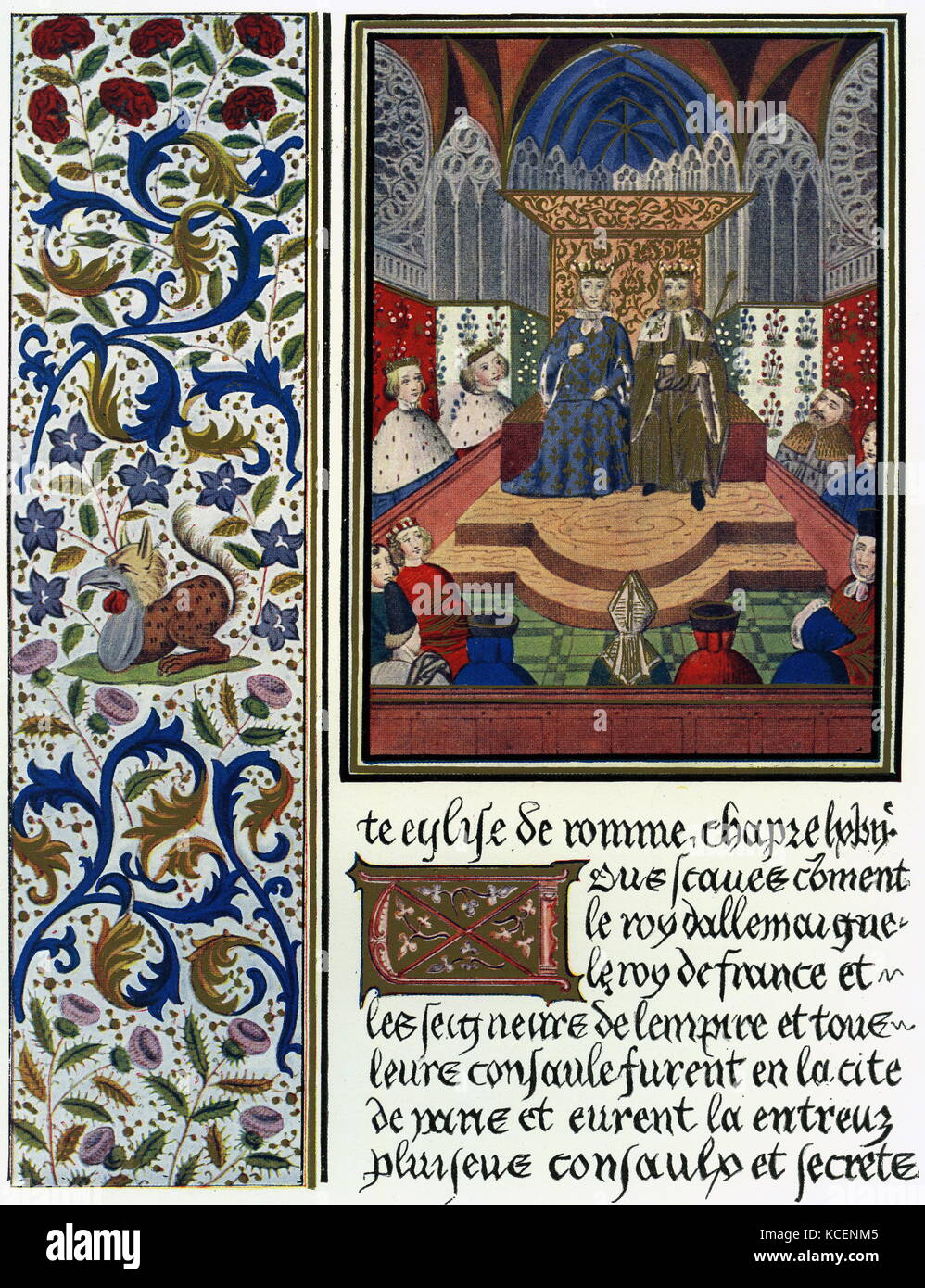 Illumination depicting Emperor Wenceslaus IV of Bohemia (1361-1419) and King Charles VI of France (1368-1422). Dated 15th Century Stock Photo